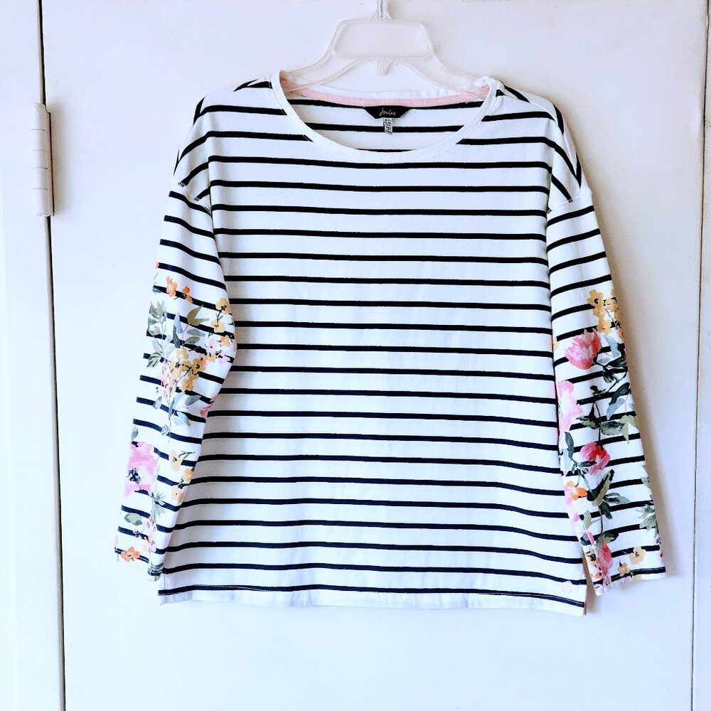 JOULES US sz 8 Women Harbour Floral Printed Cotton Jersey Top Navy White Stripes - Picture 5 of 11